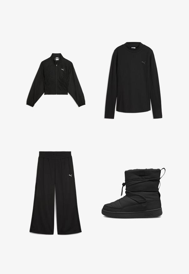 Veste courte noire en tissu léger, dotée d'une fermeture éclair, de fronces sur les côtés et de poignets élastiques. Logo blanc sur la poitrine.; T-shirt noir à manches longues côtelé avec col montant et petit logo Puma sur la partie supérieure gauche de la poitrine.; Pantalon de sport noir avec une taille élastique, boutons-pression sur les côtés et logo Puma blanc à l'avant. Fabriqué en tissu léger.; Botte isolée noire avec une texture matelassée, fermeture avec cordon élastique, dessus rembourré et semelle en caoutchouc arborant un logo minimaliste.