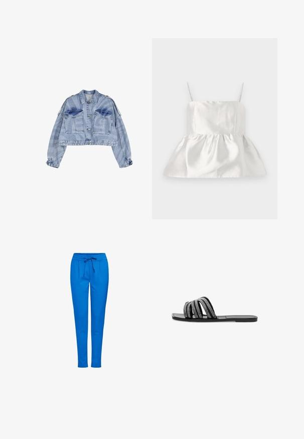 Hellblaue Denim-Cropped-Jeansjacke mit langen Ärmeln, ausgestattet mit zwei vorderen Taschen, Knopfverschluss und gerüschten Bündchen. Subtiles Musterdetail.; Weißes Satin-Oberteil mit dünnen Trägern und einem taillierten Oberteil, das in einen gerafften Peplum-Saum übergeht. Glatte Textur mit leichtem Schimmer.; Blaue Jogginghose aus weichem Stoff, mit einem elastischen Bund und Kordelzug, zwei Fronttaschen und einem schmal zulaufenden Bein.; Schwarze flache Sandale mit drei übereinander kreuzenden Riemen, verziert mit kleinen silbernen Strasssteinen, offener Zehenpartie und ohne Ferse.