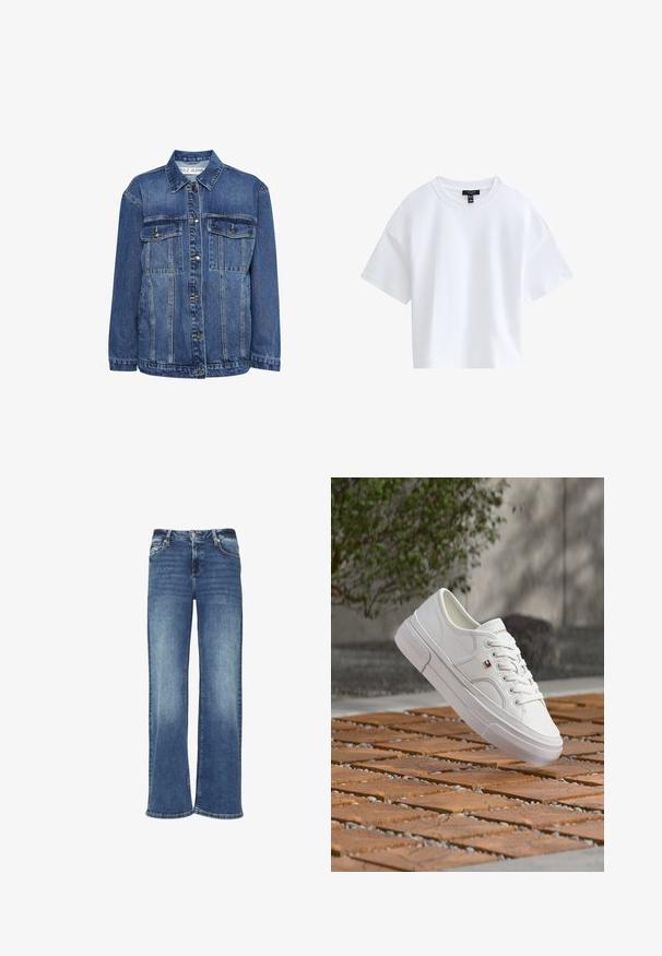 Chaqueta de mezclilla en azul medio con un cuello clásico, dos bolsillos en el pecho y cierre frontal de botones. Presenta un ajuste relajado y ligero desgaste.; Camiseta blanca sencilla de manga corta y corte cropped con escote redondo y etiqueta negra de la marca dentro del cuello.; Jeans de mezclilla azul de pierna ancha con un lavado deslavado, cierre de botón y diseño de cinco bolsillos. Presenta un corte recto y holgado.; Zapatilla blanca de cuero con cordones y un pequeño logo rojo, blanco y azul, flotando sobre una superficie exterior de madera y guijarros con patrón.