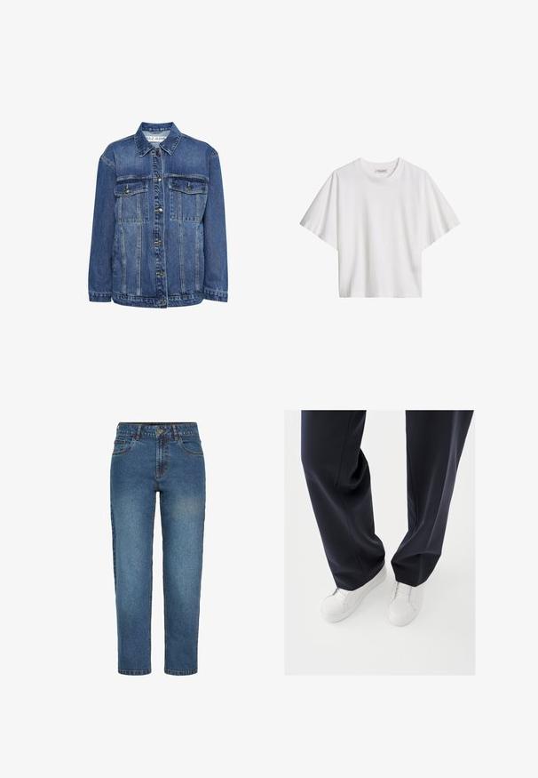 Jeansjack in medium blauw met een klassieke kraag, twee borstzakken en een knoopsluiting aan de voorkant. Heeft een ontspannen pasvorm en lichte slijtage.; Witte katoenen T-shirt met korte mouwen, losse pasvorm, ronde hals en merkembleem aan de binnenkant van de kraag.; Blauwe high-waist straight-leg spijkerbroek met voorste knoop en ritssluiting, twee voorzakken en riemlussen.; Witte sneakers met gestructureerde rubberen zolen en platte veters, gecombineerd met donkerblauwe broeken die een losse, soepele stof en een getailleerde pasvorm laten zien.