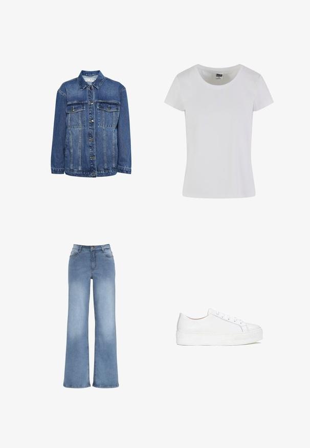 Jeansjacke in Mittelblau mit klassischem Kragen, zwei Brusttaschen und Knopfleiste. Bietet einen lockeren Schnitt und leichte Verwaschungen.; Weißes T-Shirt mit kurzen Ärmeln aus Baumwolle. Mit einem runden Ausschnitt und einer taillierten Form. Das Etikett trägt die Aufschrift "URBAN CLASSICS."; Hellblaue weit geschnittene Jeans aus Denim. Verfügt über einen Knopfverschluss, fünf Taschen und Akzente durch Sticherei. Glatte Textur mit leichter Ausbleichung.; Weiße Leder-sneaker mit glatter Oberfläche, runder Zehenform und flacher Sohle. Verfügt über eine Schnürung und dezente Nähdetails.