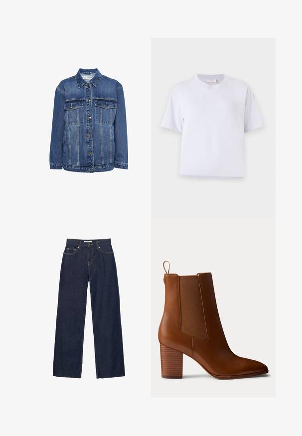 Veste en jean de couleur bleu moyen avec un col classique, deux poches poitrine et fermeture à boutons. Elle présente une coupe décontractée et un léger vieillissement.; T-shirt en coton blanc avec une coupe décontractée, des manches courtes, un col rond et sans motifs ni embellissements visibles. Texture lisse.; Jean droit en denim bleu foncé avec fermeture par bouton et fermeture éclair, cinq poches et surpiqûres contrastantes visibles.; Bottine en cuir marron avec talon bloc, panneaux latéraux élastiques et languette à l'arrière, vue de profil sur un fond uni.