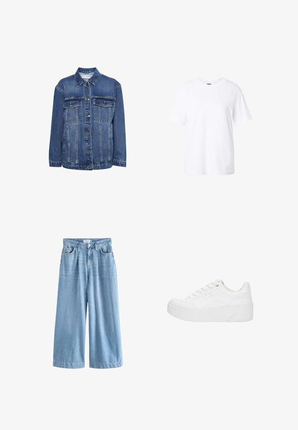 Denimjakke i mellemblå med klassisk krave, to brystlommer og knaplukning foran. Har en afslappet pasform og let slid.; Enkelt hvid t-shirt med korte ærmer og rund hals, afslappet pasform og lille label inde i kraven.; Lyseblå denim palazzo jeans med brede ben, der har høj talje, frontlommer og knaplukning. Diskret falmet tekstur.; Hvid platform-sneaker med snørelukning foran, perforerede detaljer på siden og tyk sål, vist fra ydersiden på en hvid baggrund.