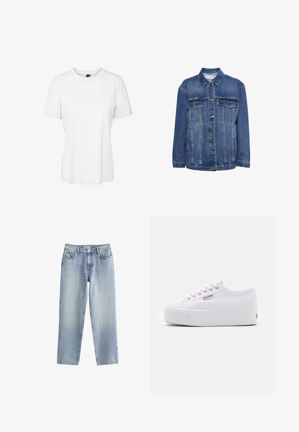 Denimjakke i mellemblå med klassisk krave, to brystlommer og knaplukning foran. Har en afslappet pasform og let slid.; Hvid kortærmet t-shirt lavet af bomuld med rund halsudskæring og afslappet pasform. Glat tekstur og ingen synlige mønstre eller dekorationer.; Lysblå denim jeans med lige ben-design, høj talje og diskret falming. Har en knaplukning og standard fem-lomme stil.; Hvide canvas sneakers med en tyk hvid platformssål, rund tå og metaløjelets til snørebånd. Mærkets logo præsenteret på siden.