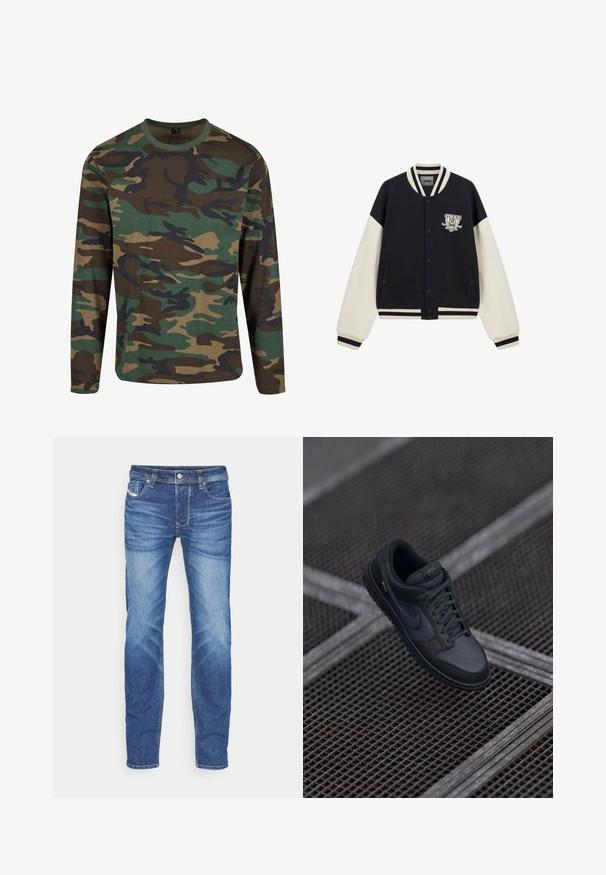 Sort-hvid varsityjakke med knapper, stribet krave og manchetter, sidelommer og et GUESS California-logo på brystet.; Langærmet camouflageskjorte i jordfarver; har grønne, brune og sorte mønstre; rund hals; blødt stof; afslappet pasform.; Blå slim-fit denim jeans med falmet effekt, frontknap, lynlås lukning og fem-lomme design på en hvid baggrund.; Sorte læder Nike sneakers med rund tå, perforeret vamp og tekstureret gummisål. Inkluderer snørebånd og diskret branding.
