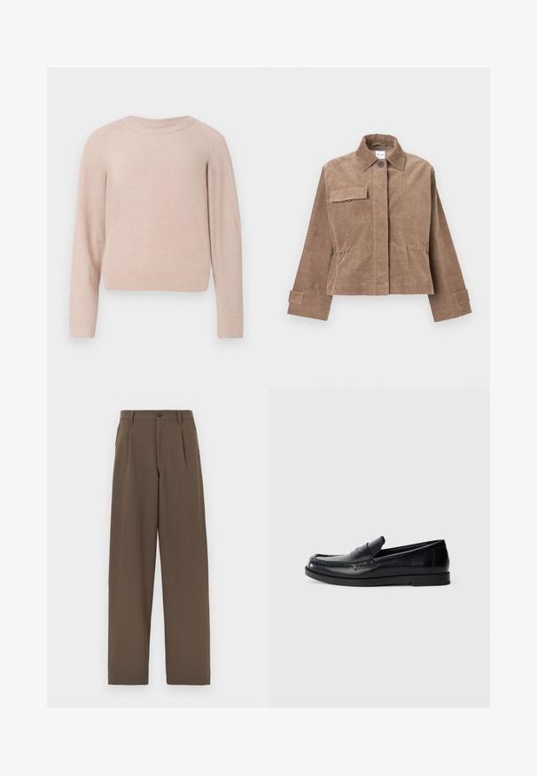 Bruine corduroy jas met een kraag, sluiting met knopen aan de voorkant en een borstzak. Kenmerkt lange mouwen met knoopmanchetten en een cropped ontwerp.; Lichtroze trui gemaakt van zacht materiaal, met een ronde halslijn, lange mouwen en geribbelde manchetten en zoom. Eenvoudig, ongecompliceerd ontwerp.; Bruine wijde broek van gladde stof, met dubbele plooien, een enkele knoopsluiting en standaard zakken.; Zwarte leren instappers met een gestikte accentontwerp, ronde neus, platte rubberen zool en een gladde afwerking. Klassieke, veelzijdige silhouet.