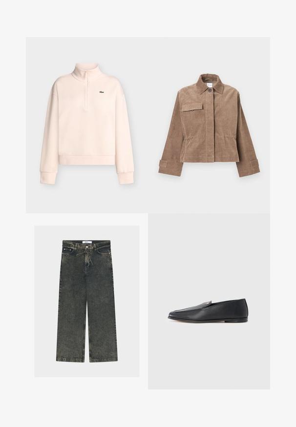 Veste en velours côtelé marron avec col, fermeture à boutons sur le devant et poche sur la poitrine. Dotée de manches longues avec poignets à boutons et d'un design court.; Sweat-shirt rose clair à manches longues avec col montant zippé et petit logo crocodile vert sur la poitrine gauche.; Jeans à jambes larges en denim gris foncé avec une finition texturée, dotés d'une fermeture à bouton, de passants de ceinture et de poches avant.; Mocassins en cuir noir à texture lisse, bout arrondi et détails de couture subtils. Ils présentent un accent logo doré sur le côté supérieur.