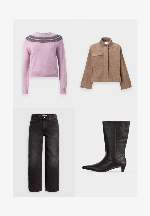 Veste en velours côtelé marron avec col, fermeture à boutons sur le devant et poche sur la poitrine. Dotée de manches longues avec poignets à boutons et d'un design court.; Pull en laine rose avec un col rond, des manches longues et un empiècement décoratif à motifs en violet foncé et vert. Poignets et ourlet côtelés.; Levi's® BAGGY DAD - Jean baggy - shrink up; Botte en cuir noir mi-mollet à bout pointu, petit talon et détails de couture minimaux, vue de côté sur fond blanc.