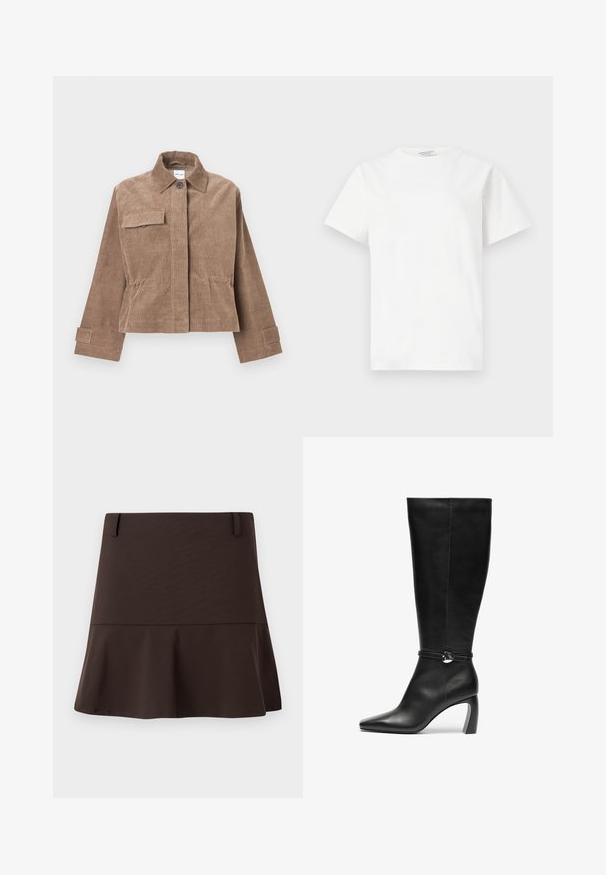 Veste en velours côtelé marron avec col, fermeture à boutons sur le devant et poche sur la poitrine. Dotée de manches longues avec poignets à boutons et d'un design court.; T-shirt blanc à manches courtes et col rond avec un petit logo embossé subtil sur la poitrine, présenté sur un fond uni.; Mini-jupe évasée marron en tissu lisse, avec une taille ajustée et des détails de couture subtils. Design simple sans motifs.; Bottes noires en cuir montantes avec un bout pointu et un talon épais. Présente une sangle avec un accent circulaire au niveau de la cheville.