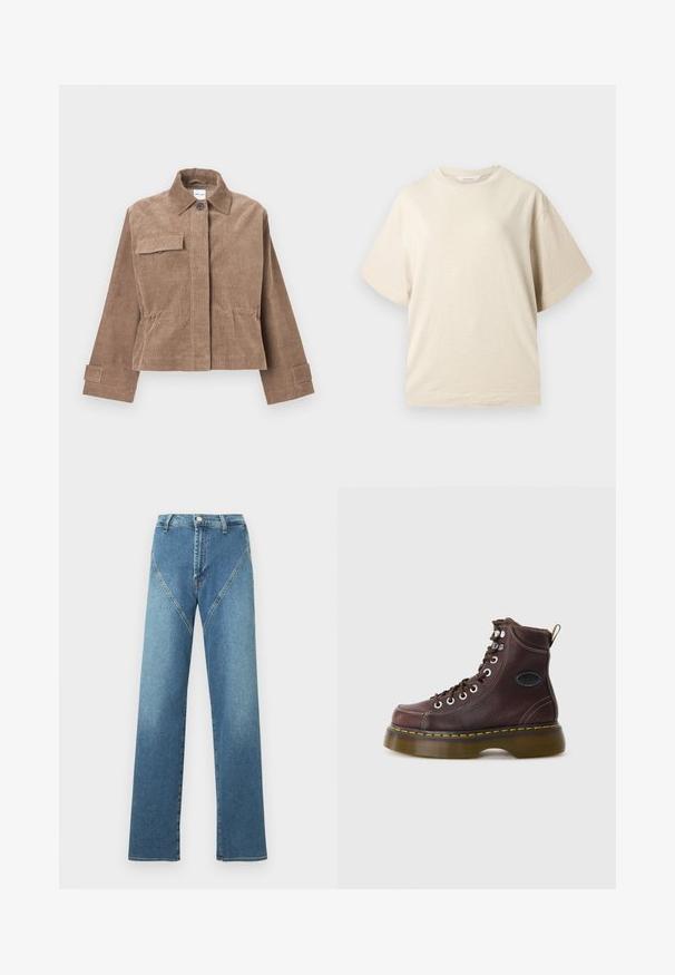Bruine corduroy jas met een kraag, sluiting met knopen aan de voorkant en een borstzak. Kenmerkt lange mouwen met knoopmanchetten en een cropped ontwerp.; Beige T-shirt met korte mouwen en een ronde hals, ontspannen pasvorm en effen ontwerp, weergegeven op een neutrale achtergrond.; Lichtblauwe jeans met rechte pijpen en een hoge taille, voorzien van contrasterende gebogen naden en vijf zakken. Gemaakt van denim stof.; Bruine leren enkelboot met een gestructureerd oppervlak, zilveren ogen en gele stiksels. Voorzien van een stevige doorzichtige zool en een trekband.