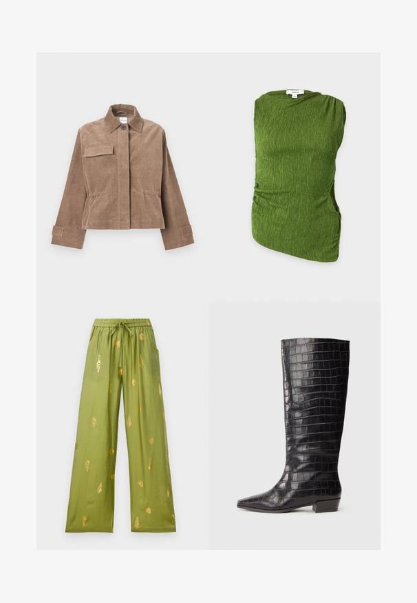 Veste en velours côtelé marron avec col, fermeture à boutons sur le devant et poche sur la poitrine. Dotée de manches longues avec poignets à boutons et d'un design court.; Haut vert sans manches texturé avec un col rond et des côtés froncés, présenté sur un fond clair et plat.; Pantalons larges olive avec taille élastique et cordon de serrage, décorés de motifs en or de coquillages et de conques.; Bottes noires en cuir montantes avec une texture crocodile, bout pointu et talon bas. Présence d'un logo discret près de la cheville.
