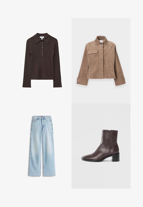 Veste en velours côtelé marron avec col, fermeture à boutons sur le devant et poche sur la poitrine. Dotée de manches longues avec poignets à boutons et d'un design court.; Polo shirt à manches longues côtelé marron avec un col, patte de boutonnage à six boutons et accents de boutons sur les manches. Texture douce avec une silhouette ajustée.; Jean en denim bleu clair à jambes larges avec poches avant, passants de ceinture et fermeture par bouton à la taille.; Bottine en cuir marron foncé avec un orteil carré, un talon bloc et un logo embossé subtil près du haut sur fond blanc uni.