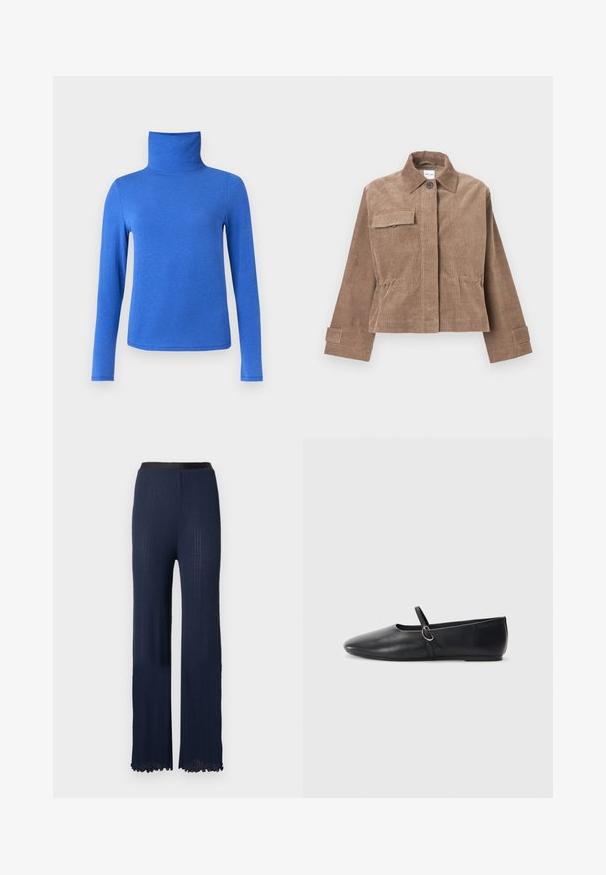 Veste en velours côtelé marron avec col, fermeture à boutons sur le devant et poche sur la poitrine. Dotée de manches longues avec poignets à boutons et d'un design court.; Pull à col roulé bleu à manches longues en tissu lisse, avec une coupe ajustée, un col montant et un ourlet droit.; Pantalon en maille bleu marine à coupe évasée, doté d'une ceinture noire lisse et d'un motif côtelé texturé sur toute la surface.; Ballerines noires en cuir avec un bout pointu, une semelle plate et une petite sangle avec un détail de boucle en argent.