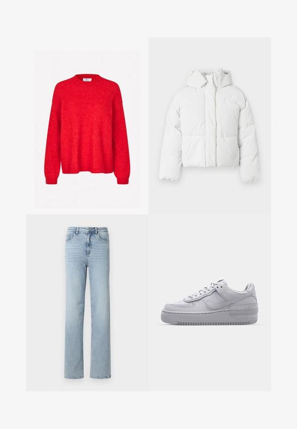Doudoune blanche avec capuche, présentant un design matelassé, une fermeture frontale et une silhouette légèrement courte. Texture lisse et brillante.; Envii ADA - Pullover - salsa melange; Jean en denim bleu clair avec une coupe droite, design classique à cinq poches, et une fermeture à bouton et zip à la taille.; Basket en cuir lisse gris Nike Air Force 1 avec un bout perforé, une semelle épaisse et un détail 'AIR' en relief sur le talon.
