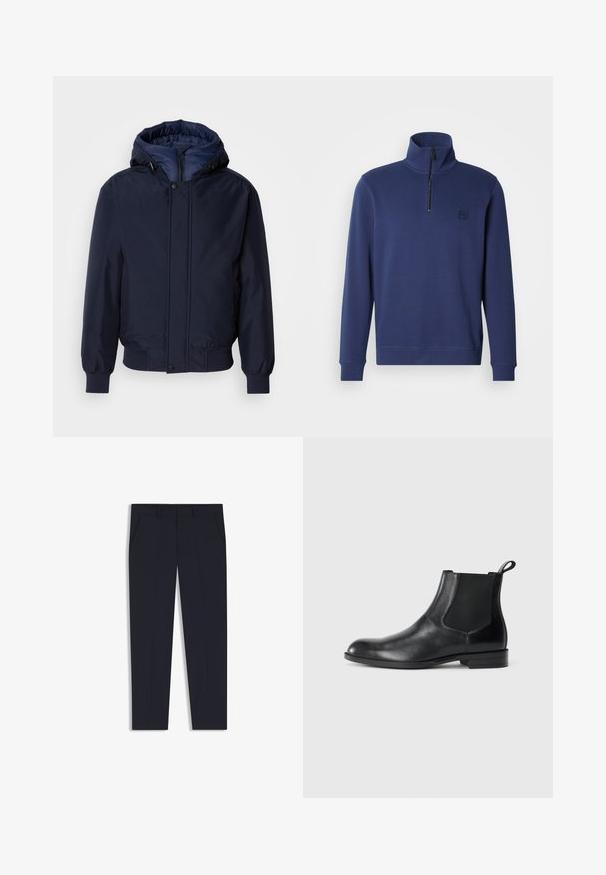 Chaqueta con capucha de color azul marino, con cierre de cremallera y botón a presión, puños elásticos y un exterior texturizado. Interior forrado en un tejido azul de contraste.; Jersey azul marino con diseño de cuello con cremallera de un cuarto, mangas largas y textura suave. Presenta un pequeño parche de logo negro en el pecho.; Pantalones azul marino con un corte ajustado, que cuentan con dos bolsillos frontales, un diseño plano en la parte delantera y una textura suave. Sin patrones ni adornos visibles.; Botín negro de cuero hasta el tobillo con paneles elásticos a los lados, punta redondeada y lengüeta. Textura suave, suela plana, diseño minimalista.