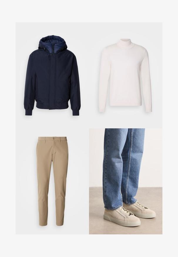 Marineblå hættetrøje med lynlås og trykknap, elastiske manchetter og en tekstureret yderside. Indersiden er foret med en kontrastfarvet blå stof.; Lyserød rullekravesweater med lange ærmer, blød tekstur, ribbet krave og manchetter, der har et klassisk, tætsiddende design.; Beige bukser lavet af glat stof med lige snit, der har en knaplukning og for- lommer, samt bæltestropper.; BOSS GARYTENN_SDHDEL - Sneakers - natural ten