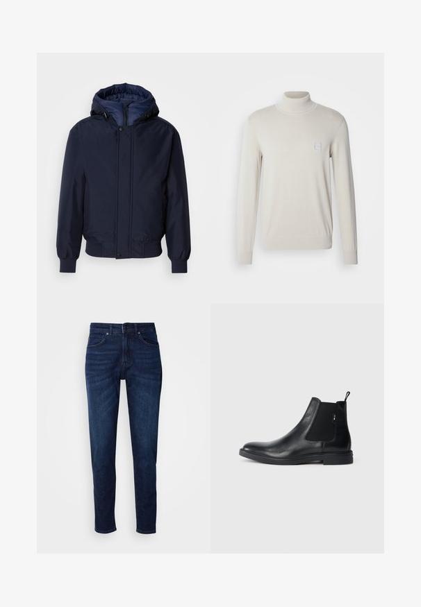Marineblaue Kapuzenjacke mit Reißverschluss und Druckknopf, elastischen Bündchen und strukturierter Außenseite. Das Innere ist mit einem kontrastierenden blauen Stoff gefüttert.; Hellbeige Rollkragenpullover aus weichem Strickmaterial, mit langen Ärmeln und einem kleinen quadratischen Logo-Patch auf der Brust.; Dunkelblaue Jeans aus Denim mit geradem Bein, ausgestattet mit Taschen und einem Knopfverschluss an der Taille. Weiche Textur, minimale Ausbleichungen.; Schwarze Leder Chelsea-Boots mit elastischen seitlichen Einsätzen, einer Zugschlaufe und einer flachen Gummisohle. Glatte Textur mit minimaler Ausgestaltung.