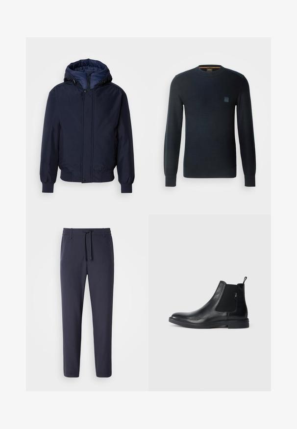 Marineblå hættetrøje med lynlås og trykknap, elastiske manchetter og en tekstureret yderside. Indersiden er foret med en kontrastfarvet blå stof.; Strikket navyblå sweater med lange ærmer, rund halsudskæring, tekstureret stof og et lille logo-patch på brystet.; Marine joggerbukser med elastisk talje og snor. Fremstillet af glat materiale, med indsnittede ben og uden synlige lommer.; Sorte læder Chelsea støvler med elastiske sidepaneler, en pull-tab og en flad gummisål. Glat tekstur med minimal detaljer.