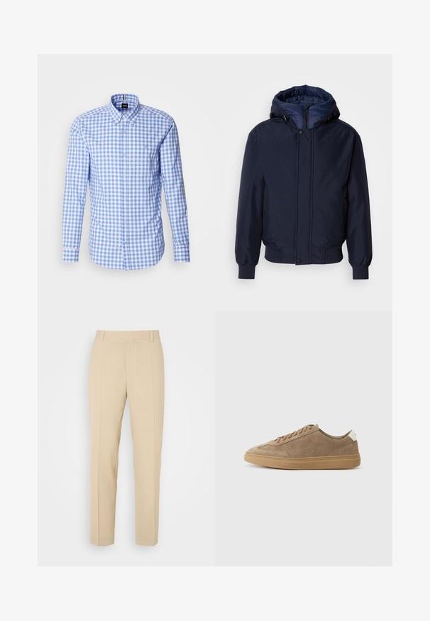 Navyblauwe capuchonjas met een ritssluiting en drukknoop, elastische manchetten en een gestructureerde buitenkant. Binnenin gevoerd met contrasterende blauwe stof.; Blauw en wit geruit overhemd met lange mouwen, knoop-onderkraag en geborduurd logo op de borst. Soepele katoenen stof.; Beige op maat gemaakte broek met een recht gesneden ontwerp, gemaakt van lichtgewicht stof, met twee voorzakken en nette, geplooide vouwen.; Suède sneakers in lichtbruin met een rubberen zool. Voorzien van een vetersluiting en een minimalistische stijl, geaccentueerd door een witte hieltab.