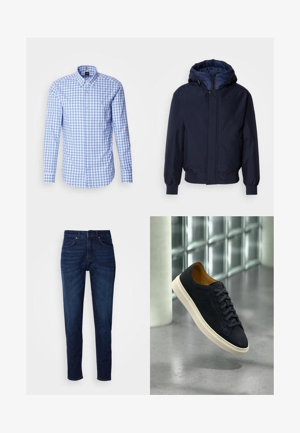 Chaqueta con capucha de color azul marino, con cierre de cremallera y botón a presión, puños elásticos y un exterior texturizado. Interior forrado en un tejido azul de contraste.; Camisa de patrón de cuadros azul y blanco con mangas largas, cuello abotonado y bordado del logo en el pecho. Material de algodón suave.; Jeans de mezclilla azul oscuro con un diseño de pierna recta, que cuentan con bolsillos y un cierre de botón en la cintura. Textura suave, detalles de desvanecimiento mínimos.; Zapatilla baja de cuero negro con suela blanca y cordones, con la marca "BOSS", mostrada flotando sobre un suelo gris pulido cerca de una pared de bloques de vidrio.