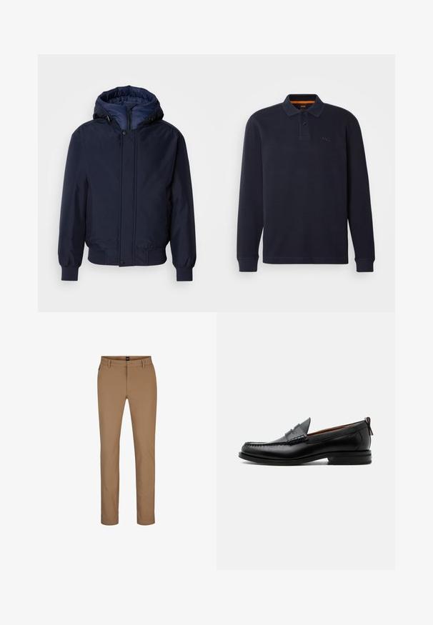 Chaqueta con capucha de color azul marino, con cierre de cremallera y botón a presión, puños elásticos y un exterior texturizado. Interior forrado en un tejido azul de contraste.; Polo de manga larga en color navy hecho de tejido texturizado con abertura en el cuello abotonada. Presenta un pequeño logo bordado en el pecho.; Pantalones marrones claros de mezcla de algodón con un diseño de pierna recta, bolsillos frontales y cremallera. Hardware mínimo y sin patrones visibles.; Mocasín de hombre de piel negra con costura moc toe, tira penny, cuello texturizado y tacón bajo apilado sobre fondo blanco.