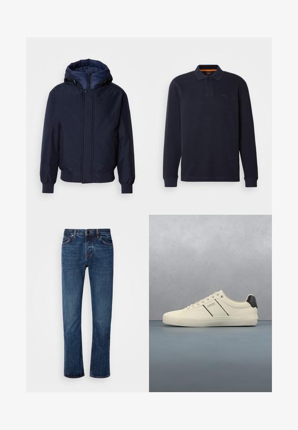 Chaqueta con capucha de color azul marino, con cierre de cremallera y botón a presión, puños elásticos y un exterior texturizado. Interior forrado en un tejido azul de contraste.; Polo de manga larga en color navy hecho de tejido texturizado con abertura en el cuello abotonada. Presenta un pequeño logo bordado en el pecho.; Jeans de mezclilla azules para hombre con un diseño de pierna recta, cinturilla estándar, estilo de cinco bolsillos y un desgaste sutil a lo largo de los muslos.; Zapatillas de color crema con una textura suave, que presentan acentos y marcas en negro. Diseño clásico de cordones con punta redonda y suela de goma.