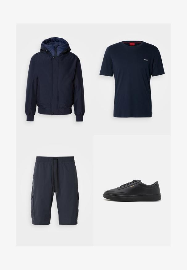 Marineblaue Kapuzenjacke mit Reißverschluss und Druckknopf, elastischen Bündchen und strukturierter Außenseite. Das Innere ist mit einem kontrastierenden blauen Stoff gefüttert.; Marineblaue Baumwoll-T-Shirt mit kurzen Ärmeln, Rundhalsausschnitt und kleinem weißen "HUGO"-Logo auf der linken Brust. Glatte Textur, minimalistisches Design.; Marinefarbene Cargo-Shorts mit elastischem Bund, Kordelzug vorne, Seitentaschen und glatter Textur. Strapazierfähiger Stoff, der sich gut für die Freizeitkleidung eignet.; Schwarze Leder-Sneaker mit glatter Textur, runder Zehenpartie, flacher Gummisohle und einfarbigen Schnürsenkeln. Mit goldfarbenem "BOSS" Logo an der Seite.