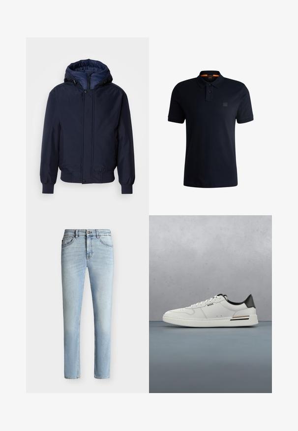 Chaqueta con capucha de color azul marino, con cierre de cremallera y botón a presión, puños elásticos y un exterior texturizado. Interior forrado en un tejido azul de contraste.; Polo negro de manga corta con dos botones, un pequeño logo en el pecho y un detalle naranja en el cuello interior.; Vaqueros ajustados de denim azul claro con botón y cremallera delanteros, diseño de cinco bolsillos y sutil desgaste desde el muslo hasta la rodilla.; Zapatilla baja blanca con talón negro, cierre con cordones, perforaciones sutiles y el logo "BOSS" en el costado, mostrada desde el perfil exterior.