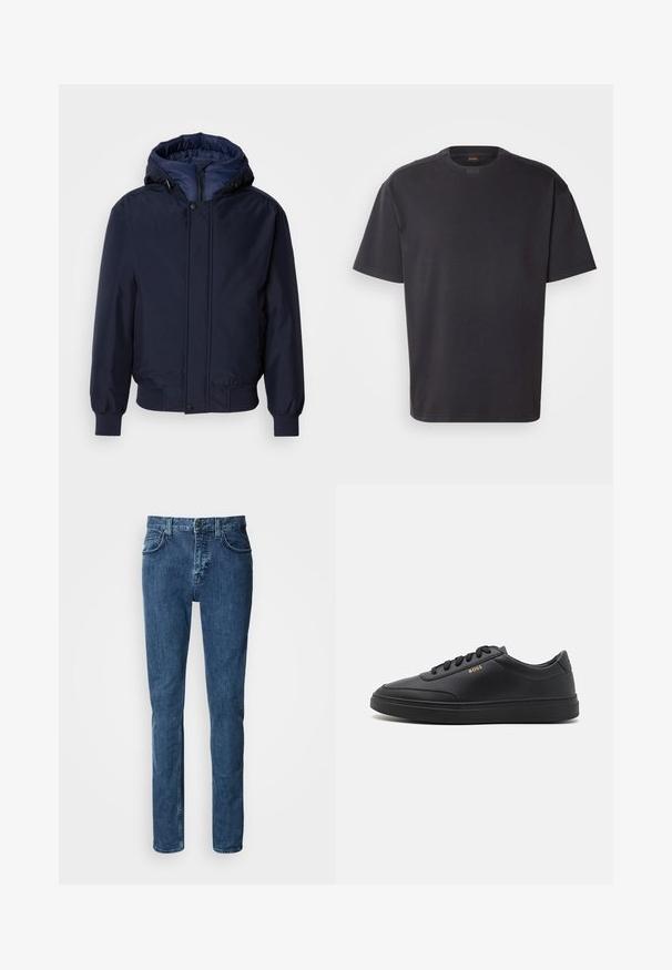 Navyblauwe capuchonjas met een ritssluiting en drukknoop, elastische manchetten en een gestructureerde buitenkant. Binnenin gevoerd met contrasterende blauwe stof.; Zwarte T-shirt met korte mouwen van katoen, met een ronde halslijn en subtiele branding bij de kraag. Gladde textuur met een relaxte pasvorm.; Donkerblauwe denim jeans met een recht pijpdesign, voorzien van zijzakken, een ritssluiting en subtiele stikseldetails.; Zwarte leren sneakers met een gladde textuur, ronde neus, platte rubberen zool en tonale veters. Kenmerkt zich door de gouden "BOSS" branding aan de zijkant.
