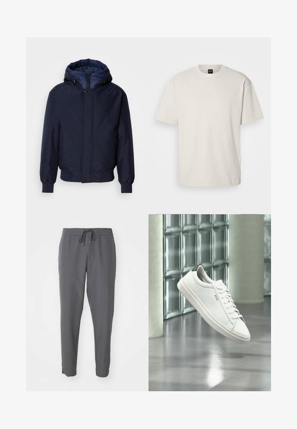 Marineblå hættetrøje med lynlås og trykknap, elastiske manchetter og en tekstureret yderside. Indersiden er foret med en kontrastfarvet blå stof.; Kortærmet, crew-neck t-shirt i off-white bomuld med lige snit og minimal branding på kraven. Blød tekstur, uden mønstre.; Grå joggebukser lavet af glat stof, med elastisk talje og snøre, tætsiddende ben og sidelommer.; Hvid læder lav-top sneaker med snørebånd, sort hælflig og "BOSS"-logo, svævende indendørs nær glasblok væg og poleret gulv.