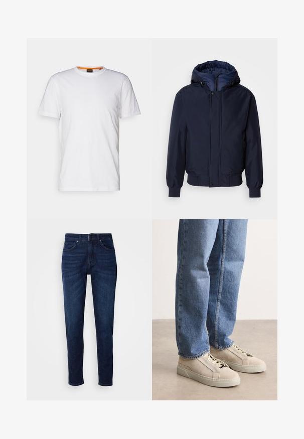 Navyblauwe capuchonjas met een ritssluiting en drukknoop, elastische manchetten en een gestructureerde buitenkant. Binnenin gevoerd met contrasterende blauwe stof.; Witte katoenen T-shirt met ronde hals, korte mouwen en een subtiel reliëflogo op de borst. Het binnenlabel heeft een oranje accent.; Donkerblauwe denim jeans met een rechte pijpdesign, voorzien van zakken en een knoopsluiting bij de taille. Zachte textuur, minimale vervagingdetails.; BOSS GARYTENN_SDHDEL - Sneakers laag - natural ten