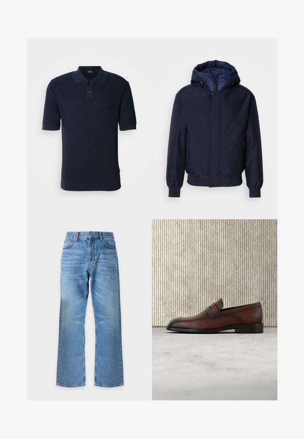 Navyblauwe capuchonjas met een ritssluiting en drukknoop, elastische manchetten en een gestructureerde buitenkant. Binnenin gevoerd met contrasterende blauwe stof.; Marineblauw ribbed poloshirt met een twee-knops knoopsluiting, korte mouwen en een platte kraag. De stof heeft een gestructureerde afwerking en een getailleerde pasvorm.; Blauwe wijd uitlopende spijkerbroek met knoop en rits aan de voorkant, riemlussen en klassiek ontwerp met vijf zakken op een effen achtergrond.; Bruine leren herenslipper met geperforeerde voorkant en riemdetail, geplaatst boven een beige tapijt, met op de achtergrond een ronde glanzende bruine tafel.