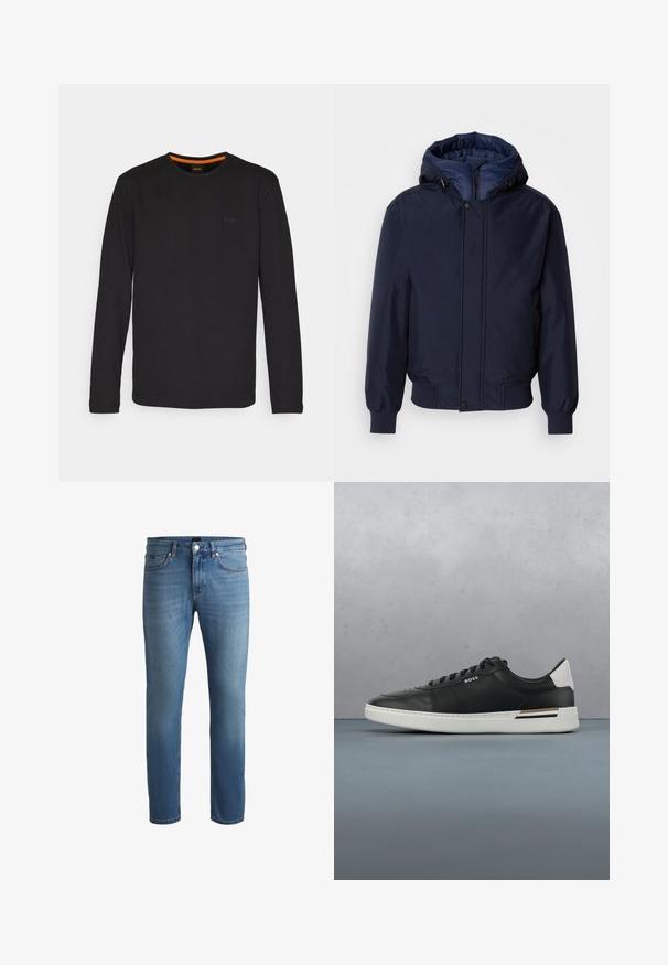 Navyblauwe capuchonjas met een ritssluiting en drukknoop, elastische manchetten en een gestructureerde buitenkant. Binnenin gevoerd met contrasterende blauwe stof.; Zwarte langslijf T-shirt van gladde stof, met een ronde halslijn en een klein reliëflogo op de borst met een oranje accent binnenin de kraag.; Lichtblauwe denim jeans met een regular fit, voorzien van een gladde textuur, een vijf-pocket design en een ritssluiting met knoop. ; Zwarte leren sneaker met witte zool, voorzien van perforaties, vetersluiting, logo aan de zijkant en contrasterend hieldetail in wit en bruin.