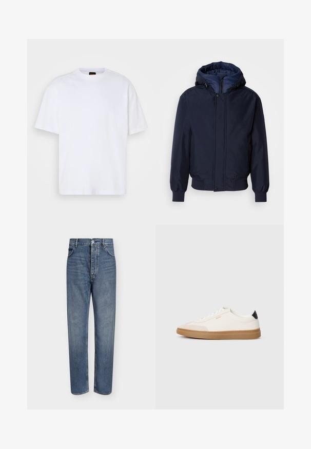 Navyblauwe capuchonjas met een ritssluiting en drukknoop, elastische manchetten en een gestructureerde buitenkant. Binnenin gevoerd met contrasterende blauwe stof.; Witte katoenen T-shirt met ronde hals, korte mouwen en een ontspannen pasvorm. Heeft textuur op de schoudernaden voor extra detail.; Blauwe denim jeans met rechte pijpen, hoge taille, knoopsluiting aan de voorkant en vijfzakkenontwerp op een effen lichte achtergrond.; Witte sneakers met beige accenten, bovenwerk van glad leer, ronde neus en rubberen gumzool, met een zwarte hieltab en subtiele branding.