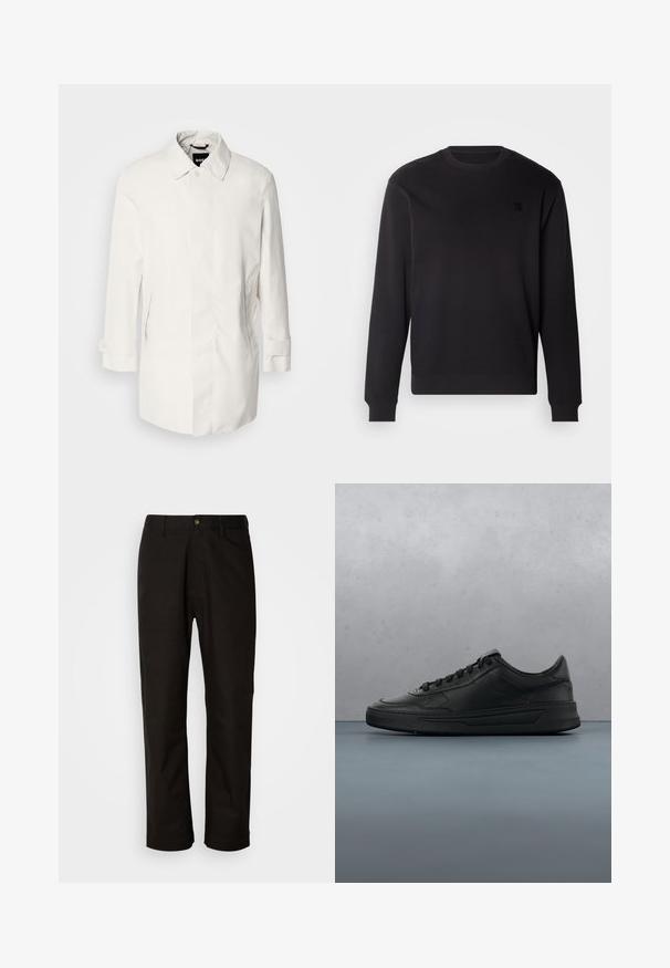 Witte, middellange jas met een knoopsluiting, puntkraag en twee zijzakken. Gemaakt van soepele, lichtgewicht stof met opgerolde manchetten.; Zwarte sweatshirt met ronde hals, gemaakt van zachte stof, met ribgebreide boorden en zoom, en een klein zwart logo-patch op de borst.; Zwarte katoenen broek met een rechte snit, riemlussen, een ritssluiting aan de voorkant en een enkele knoopsluiting. Soepele textuur zonder zichtbare patronen.; Zwarte sneaker met een glad leren bovenwerk, ronde neus, platte veters, gewatteerde kraag en minimalistisch design. Rubberen zool met een subtiel profiel.