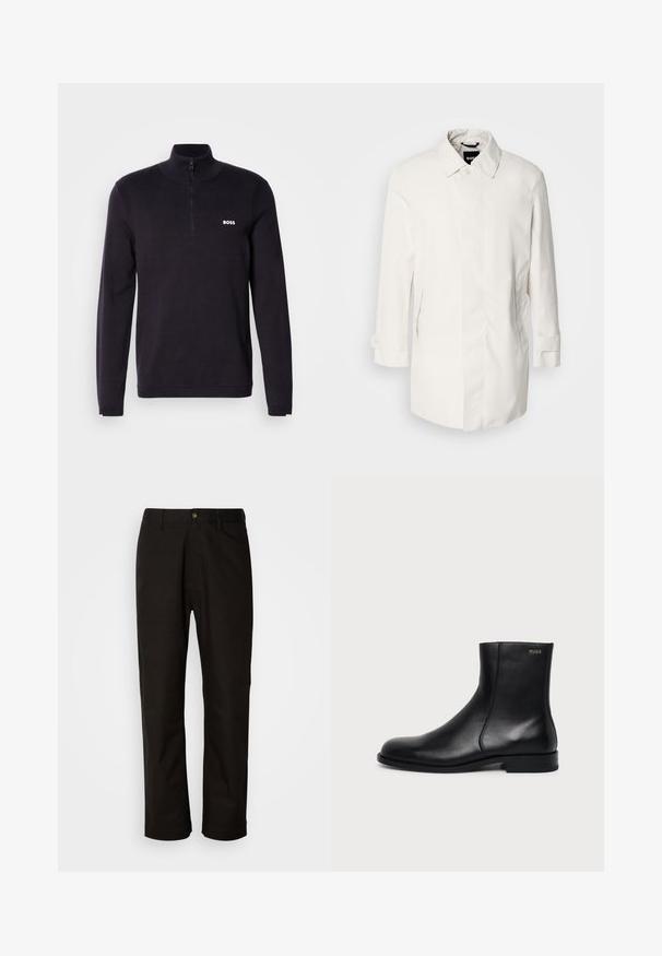 Weißer, mittellanger Mantel mit Knopfverschluss, spitzem Kragen und zwei Seitentaschen. Hergestellt aus glattem, leichtem Material mit umgeschlagenen Bündchen.; Marineblauer Quarter-Zip-Pullover aus weichem Stoff, mit einem gerippten Kragen und Bündchen, sowie einem kleinen weißen "BOSS"-Logo auf der Brust.; Schwarze Baumwollhosen mit geradem Schnitt, Gürtelschlaufen, einem Reißverschluss vorne und einem einzelnen Knopfverschluss. Glatte Textur ohne sichtbare Muster.; Schwarzer Leder-Knöchelstiefel mit niedrigem Absatz, seitlicher Naht und kleinem "HUGO" Logo am oberen Schaft vor einfarbigem Hintergrund.