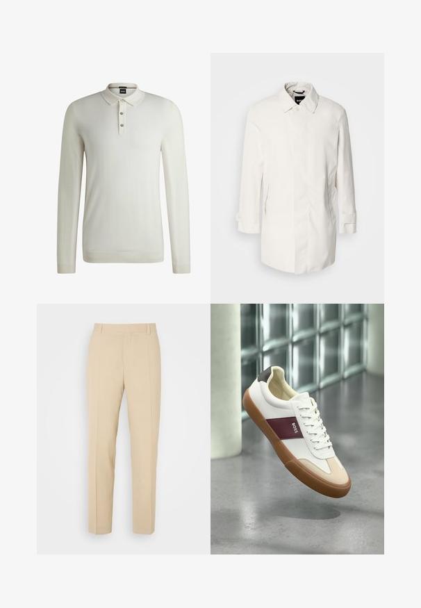 Abrigo blanco de longitud media con cierre de botón, cuello tipo punta y dos bolsillos laterales. Hecho de un material suave y ligero con puños enrollados.; BOSS LANCIONE - Jersey de punto - open white eleven; Pantalones de color beige ajustados con un diseño de pierna recta, elaborados en una tela ligera, que presentan dos bolsillos frontales y pliegues bien planchados.; Zapatilla blanca de perfil bajo con suela marrón, franja granate con la etiqueta "BOSS", detalles beige en la puntera y talón negro, flotando sobre un piso gris.