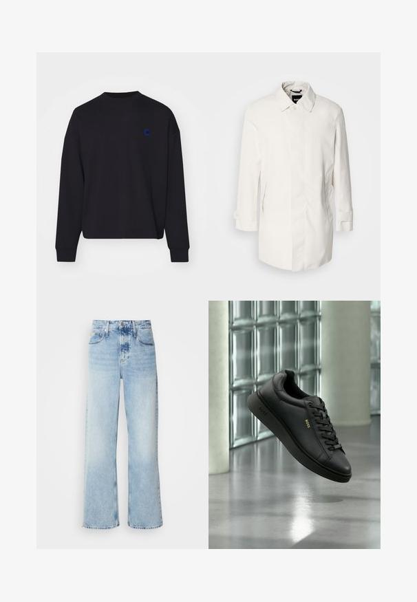 Weißer, mittellanger Mantel mit Knopfverschluss, spitzem Kragen und zwei Seitentaschen. Hergestellt aus glattem, leichtem Material mit umgeschlagenen Bündchen.; Schwarzer Pullover aus Baumwolle mit rundem Halsausschnitt und lässiger Passform. Er hat ein kleines blaues gesticktes Logo auf der Brust.; Helle blaue weite Jeans mit hoher Taille, in verwaschenem Finish, mit Gürtelschlaufen und klassischem Fünf-Taschen-Design. Der Saum ist ungesäumt.; Schwarzer Ledersneaker von BOSS mit Schnürsenkeln, schwebend in Innenräumen vor einer Wand aus Glasbausteinen und einem Betonboden.