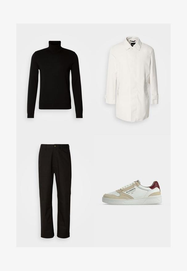 Hvid, mellemlang frakke med knaplukning, spidse kraver og to sidelommer. Fremstillet af glat, let materiale med opretstående manchetter.; Sort turtleneck sweater lavet af et fint strikket stof, der har lange ærmer og en tætsiddende silhuet. Glat tekstur med ribbede manchetter.; Sorte bomuldsbukser med lige pasform, bæltestropper, lynlås foran og en enkelt knappelukning. Glat tekstur uden synlige mønstre.; Lavtopsneakers i hvid med beige ruskinddetaljer, rød hælflig, hvid sål og "ALLSAINTS" branding på siden.