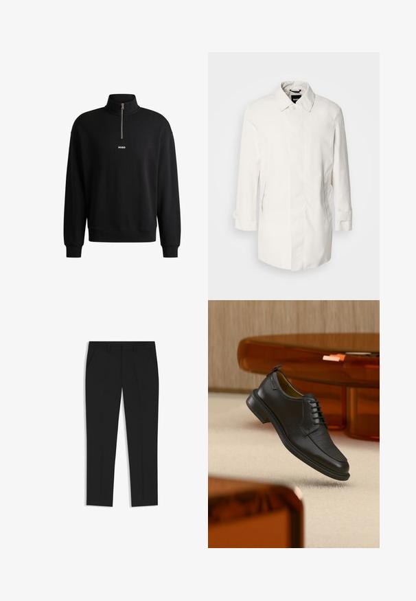 Witte, middellange jas met een knoopsluiting, puntkraag en twee zijzakken. Gemaakt van soepele, lichtgewicht stof met opgerolde manchetten.; Zwarte sweatshirt met een hoge kraag, voorkant met rits en subtiele logo. Gemaakt van zacht materiaal, met ribgebreide manchetten en onderrand.; Zwarte op maat gemaakte broek met een rechte pijpdesign, voorzien van twee zijzakken en voorplooien voor extra structuur, gemaakt van soepel materiaal.; Zwarte leren veterschoen in de stijl van een nette schoen met een gestructureerd vooraanzicht, zwevend boven een beige tapijt in een moderne kamer met amberkleurige meubelen.