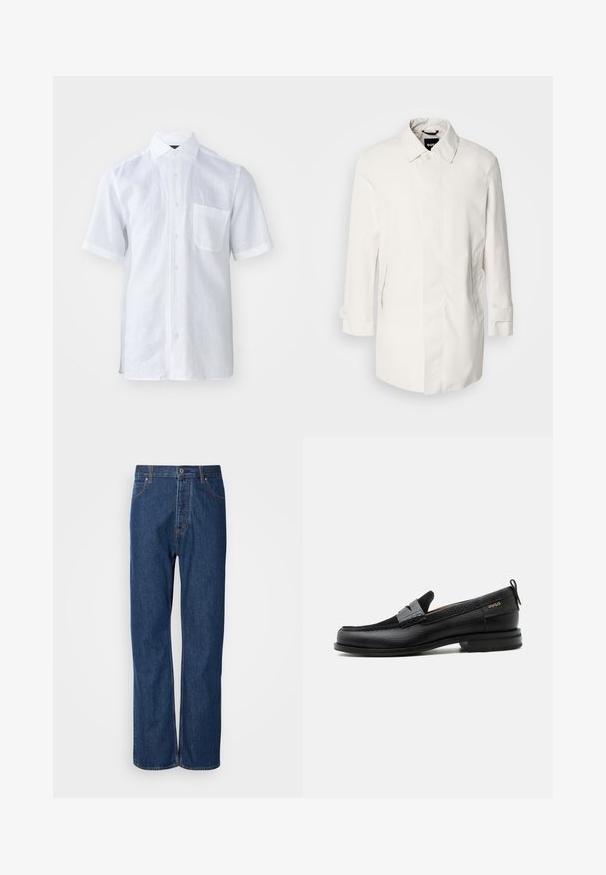 Manteau blanc de mi-longueur avec une fermeture à boutons, un col pointu et deux poches latérales. Fait d'un matériau lisse et léger avec des manches retroussées.; Chemise blanche à manches courtes en lin léger avec un col à bouton, une poche avant et une surface légèrement texturée.; Jean en denim bleu avec une coupe droite, équipés d'une fermeture à bouton, de cinq poches et de coutures contrastantes le long des coutures.; Mocassin en cuir noir avec détail de bride grise, talon bas et semelle texturée, marqué "HUGO" en or sur le côté.