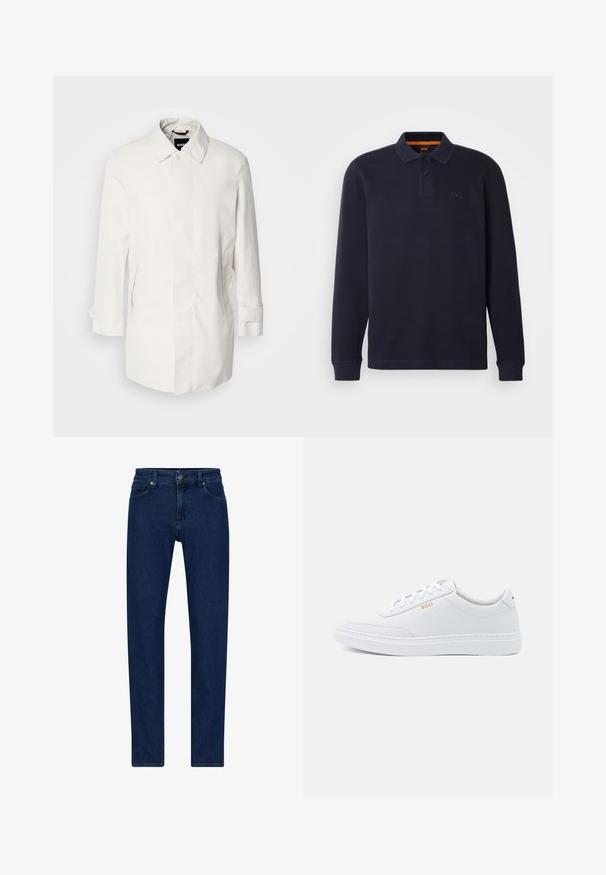 Witte, middellange jas met een knoopsluiting, puntkraag en twee zijzakken. Gemaakt van soepele, lichtgewicht stof met opgerolde manchetten.; Marineblauwe longsleeve polo-shirt van gestructureerde stof met een knoopsluiting bij de hals. Bevat een klein geborduurd logo op de borst.; Donkerblauwe denim jeans met een recht gesneden ontwerp, vijf zakken en een knoopsluiting. Beschikt over subtiele stiksels en een zachte textuur.; Witte leren sneakers met een gladde textuur, ronde neus en tonale stiksels. Voorzien van blauwe veters en een gouden logo op de zijkant.