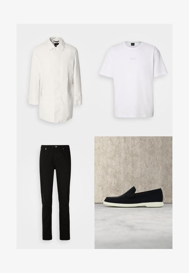 Manteau blanc de mi-longueur avec une fermeture à boutons, un col pointu et deux poches latérales. Fait d'un matériau lisse et léger avec des manches retroussées.; T-shirt en coton blanc à manches courtes, col rond, avec un logo « BOSS » en relief sur la poitrine. Texture lisse, coupe standard.; Pantalons en denim noir à coupe slim, avec un zip devant et un design à cinq poches. Texture lisse et détails de couture robustes.; Chaussure noire à enfiler avec un bout arrondi, dotée d'un dessus texturé, d'une semelle blanche lisse et d'un détail de marque subtil sur le côté.