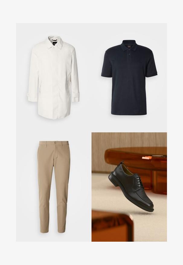 Weißer, mittellanger Mantel mit Knopfverschluss, spitzem Kragen und zwei Seitentaschen. Hergestellt aus glattem, leichtem Material mit umgeschlagenen Bündchen.; Navyblaues Poloshirt aus Baumwolle, mit klassischem Kragen, kurzen Ärmeln und einem dezenten Logo auf der Brust. Glatte Textur.; Beige Hose aus glattem Stoff mit geradem Schnitt, ausgestattet mit einem Knopfverschluss und frontalen Taschen, ergänzt durch Gürtelschlaufen.; Schwarzer Leder-Schnürschuh mit texturierter Vorderseite, schwebend über beigem Teppich in einem modernen Raum mit bernsteinfarbenen Möbeln.