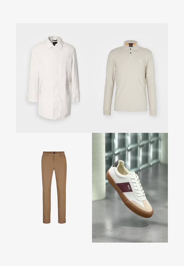 Witte, middellange jas met een knoopsluiting, puntkraag en twee zijzakken. Gemaakt van soepele, lichtgewicht stof met opgerolde manchetten.; Poloshirt met lange mouwen in lichtbeige katoen. Beschikt over een kraag, twee knopen en een klein, gedebosseerd logo op de borst. Oranje binnenkraag.; Lichtbruine broek van een katoenmix met een recht model, steekzakken aan de voorkant en een ritssluiting. Minimaal beslag en geen zichtbare patronen.; Witte lage sneaker met bruine zool, kastanjebruine streep met het label "BOSS", beige accenten bij de neus en zwarte hiel, zwevend boven een grijze vloer.