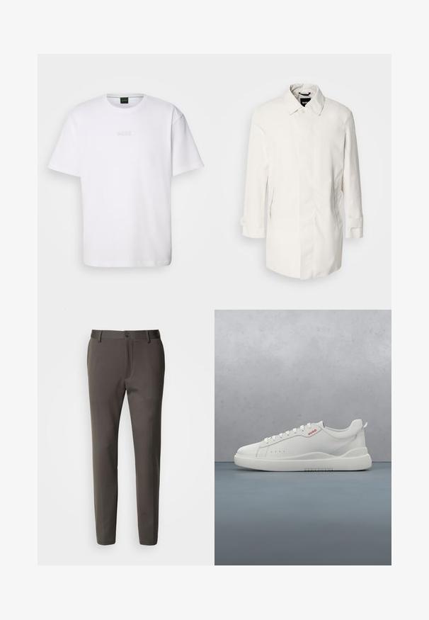 Abrigo blanco de longitud media con cierre de botón, cuello tipo punta y dos bolsillos laterales. Hecho de un material suave y ligero con puños enrollados.; Camiseta de algodón blanca de manga corta, con escote redondo y logotipo grabado de "BOSS" en el pecho. Textura suave, ajuste estándar.; Pantalones slim-fit de tela gris oscuro, con frente plano, trabillas para el cinturón y cierre de un solo botón en la cintura. Textura suave.; Zapatilla blanca con un acabado de cuero liso, punta redonda, cuatro ojales, perforaciones sutiles y un detalle de logo rojo en el lateral.