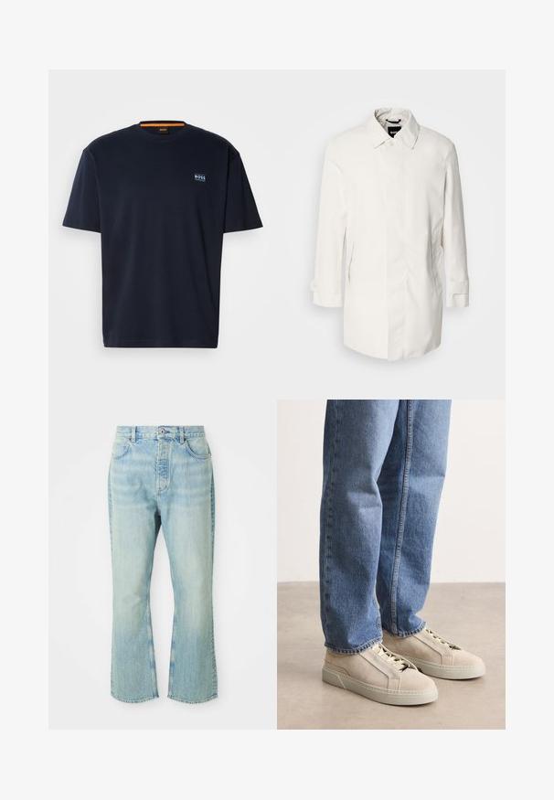 Hvid, mellemlang frakke med knaplukning, spidse kraver og to sidelommer. Fremstillet af glat, let materiale med opretstående manchetter.; Marineblå bomulds t-shirt med rund halsudskæring. Har et lille logo på brystet og en kontrasterende orange detalje ved halsudskæringen. Korte ærmer.; Lysblå denim flared jeans med høj talje, der har fem lommer, bæltestropper og en toned vævning.; BOSS GARYTENN_SDHDEL - Sneakers - natural ten