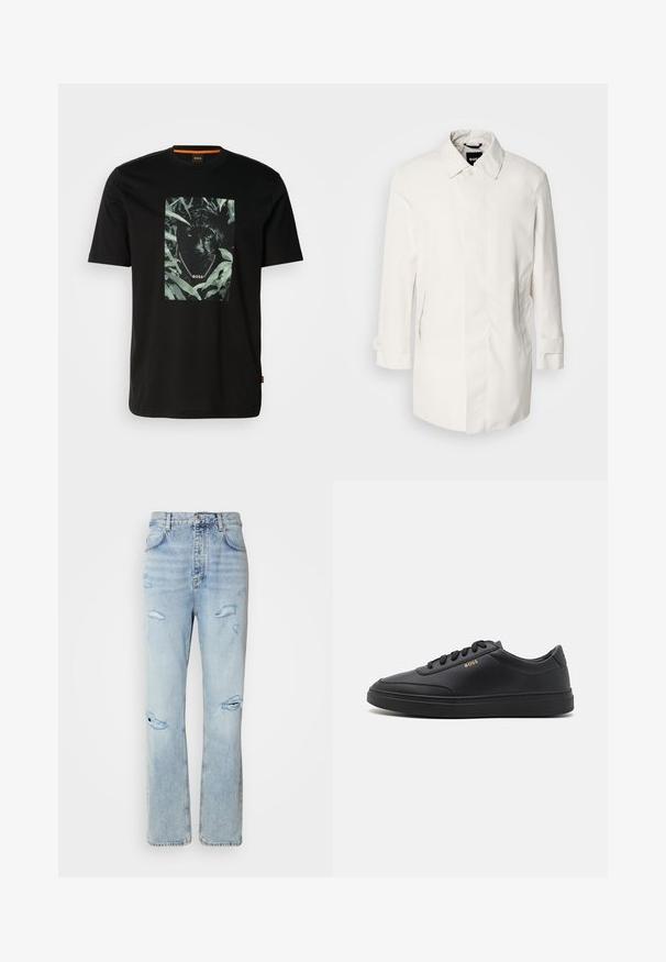 Hvid, mellemlang frakke med knaplukning, spidse kraver og to sidelommer. Fremstillet af glat, let materiale med opretstående manchetter.; Sort bomulds t-shirt med et centralt grafik af en panter omgivet af blade, med en kædekrave og "BOSS" tekst. Korte ærmer.; Lysvaskede denimjeans med en afslappet pasform, der har slidte områder og frynsede kanter. Stoffet har en blød, glat tekstur.; Sorte lædersneakers med en glat overflade, rund tå, flad gummisål og tonede snørebånd. Udstyret med guld "BOSS" branding på siden.
