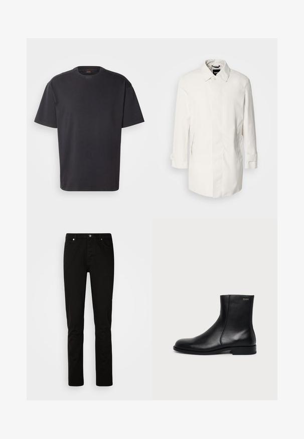 Weißer, mittellanger Mantel mit Knopfverschluss, spitzem Kragen und zwei Seitentaschen. Hergestellt aus glattem, leichtem Material mit umgeschlagenen Bündchen.; Schwarzes T-Shirt mit kurzen Ärmeln aus Baumwolle, mit rundem Halsausschnitt und dezentem Branding am Kragen. Weiche Textur mit lässiger Passform.; Schwarze Jeans mit geradem Bein, vorne mit Knopf- und Reißverschluss, Vorder- und Gesäßtaschen, dargestellt vor einem schlichten hellen Hintergrund.; Schwarzer Leder-Knöchelstiefel mit niedrigem Absatz, seitlicher Naht und kleinem "HUGO" Logo am oberen Schaft vor einfarbigem Hintergrund.