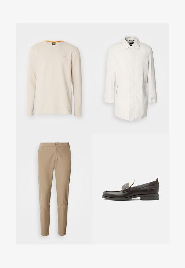 Witte, middellange jas met een knoopsluiting, puntkraag en twee zijzakken. Gemaakt van soepele, lichtgewicht stof met opgerolde manchetten.; Lichtbeige langemouwen t-shirt gemaakt van gestructureerde stof. Heeft een ronde hals en een klein logo op de borst met een oranje accent binnen de kraag.; Beige broek van gladde stof met een rechte snit, voorzien van een knoopsluiting en voorzakken, en inclusief riemlussen.; Donkerbruine leren herenloafer met crèmekleurig stoffen paneel en klassiek doorgestikt riemdetail, platte zool en trekhaak bij de hak.